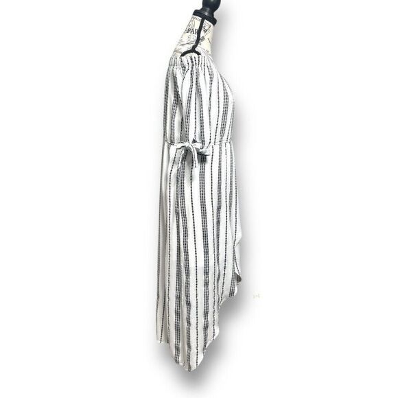 J Gee M Off Shoulder Striped Dress White Black Rayon Tie Sleeve Boho Midi Coasta - Picture 2 of 8
